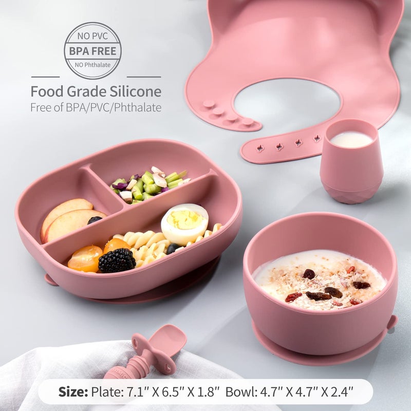 SAMiGO Silicone Baby Feeding Set, Baby Led Weaning Supplies, Suction Bowl Plate Bib Cup Self Feeding Spoons, Solid Food Eating Essentials, First Stage Utensils, 6+ Months - Image 4